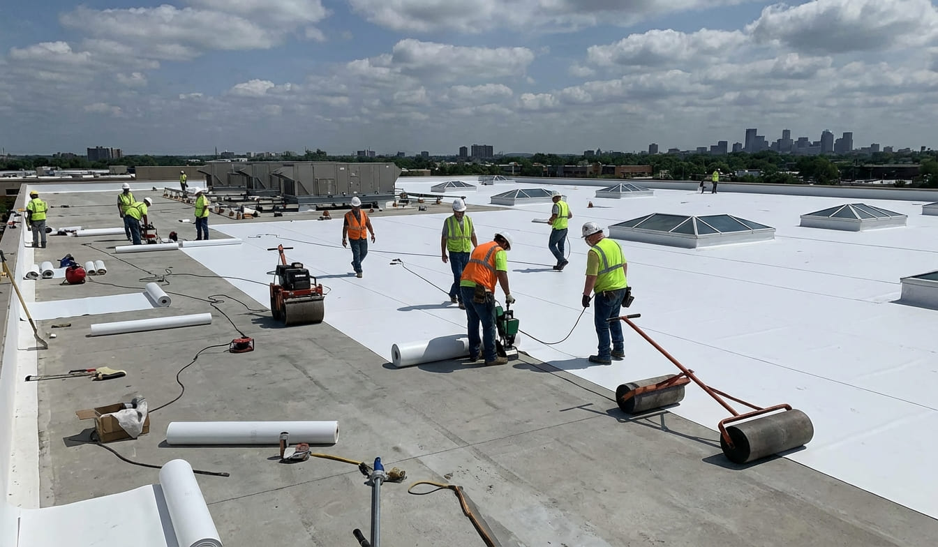 Equipo de instaladores de cubiertas TPO trabajando